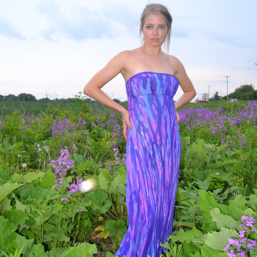 NEW long silk summer maxi dress bridesmaid prom small 2 4 6 med purple blue pink